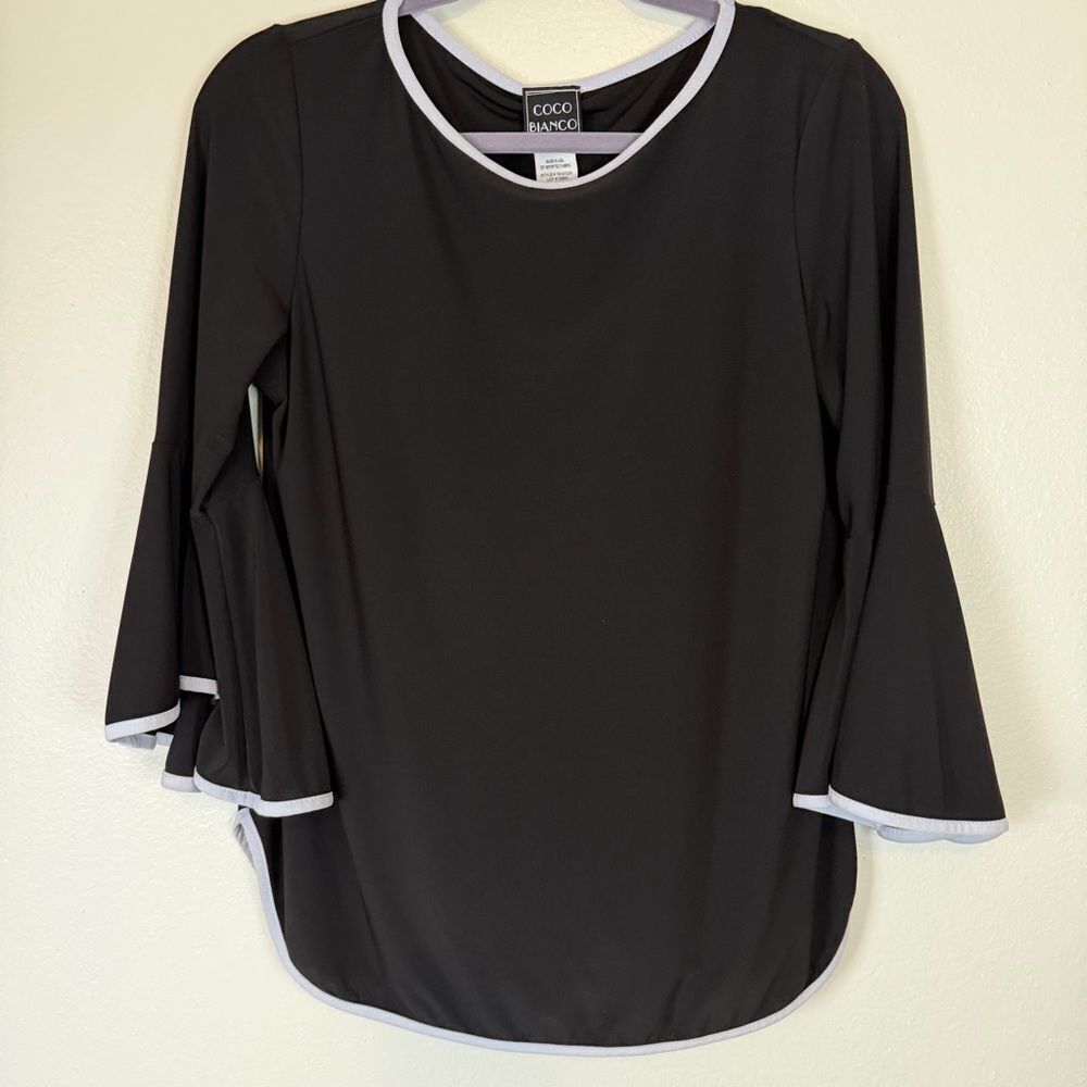 Coco Bianco Blouse Long Bell Sleeves Size Large Petite Black With White Trim